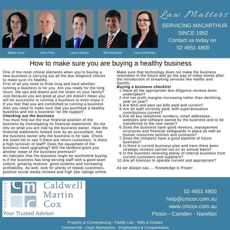 Buying a Healthy Business Buying a Healthy Business - CMCox